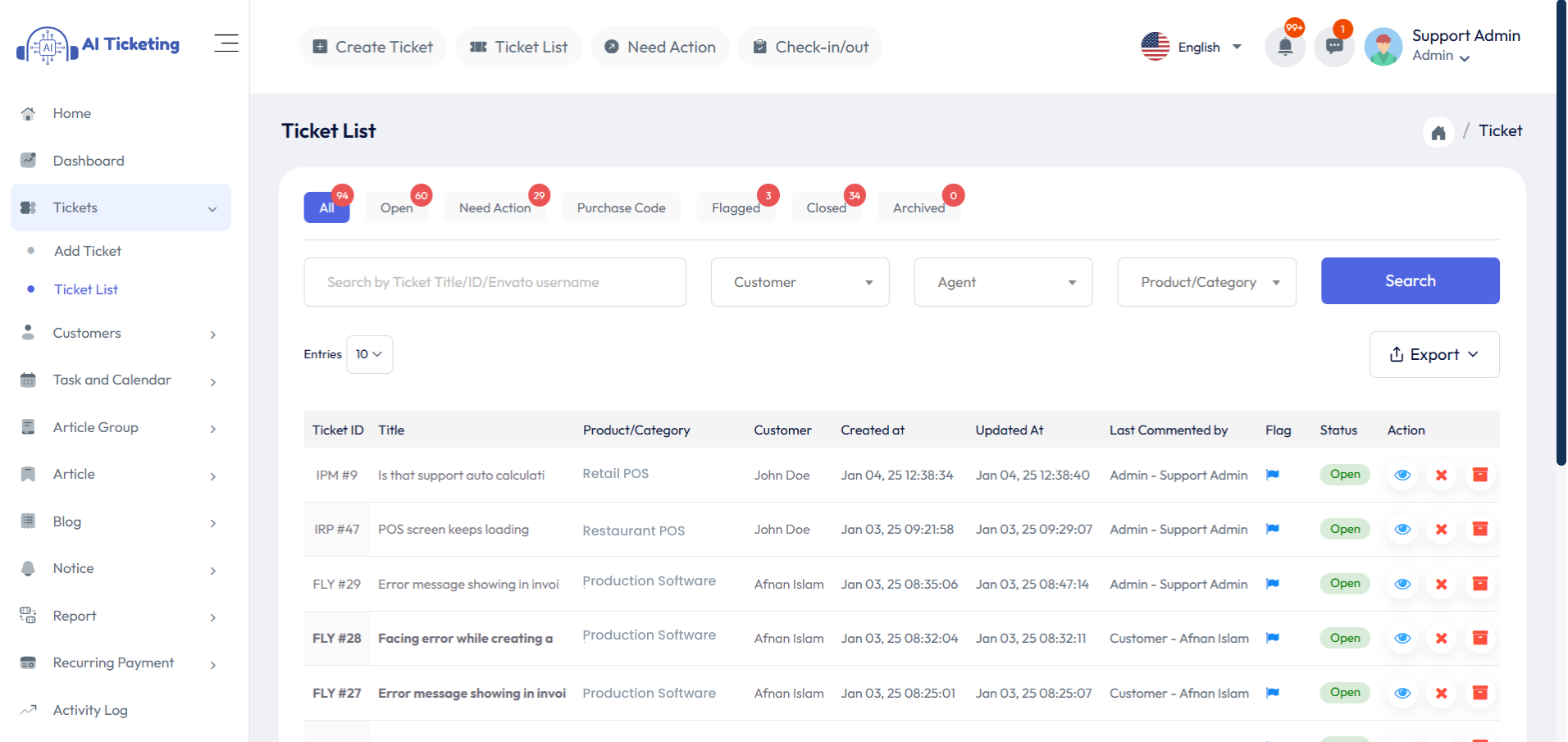 Admin Panel Ticket List
